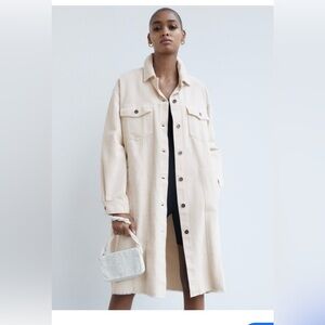 Zara Long Oversized Coduroy Coat in Cream - Women size XS equivalent to a size 2